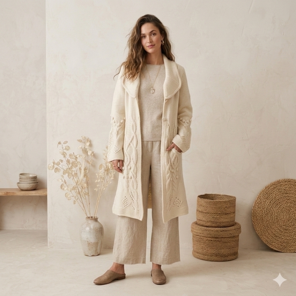 HANDKNIT Cable Knit Long Cardigan, Cream, Women's Small